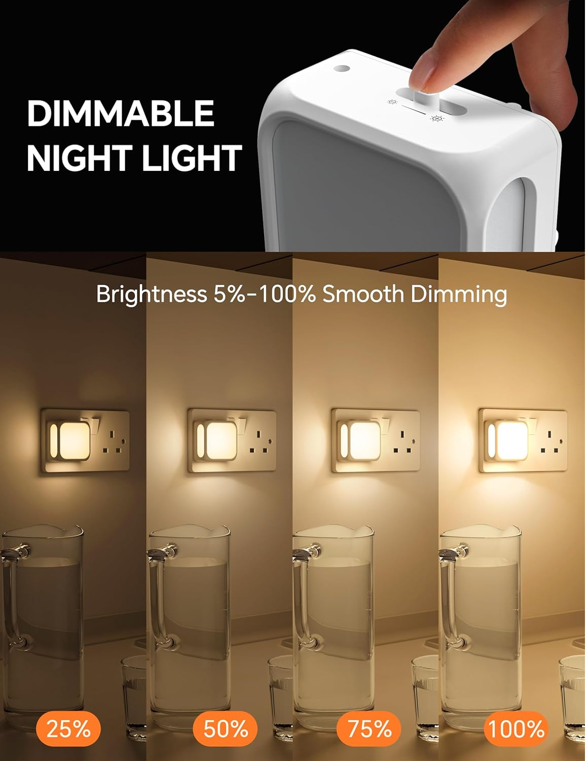 Plug-in LED Night Light with Dusk to Dawn Sensor, Adjustable Brightness, 3000K Warm White (2 Pack)