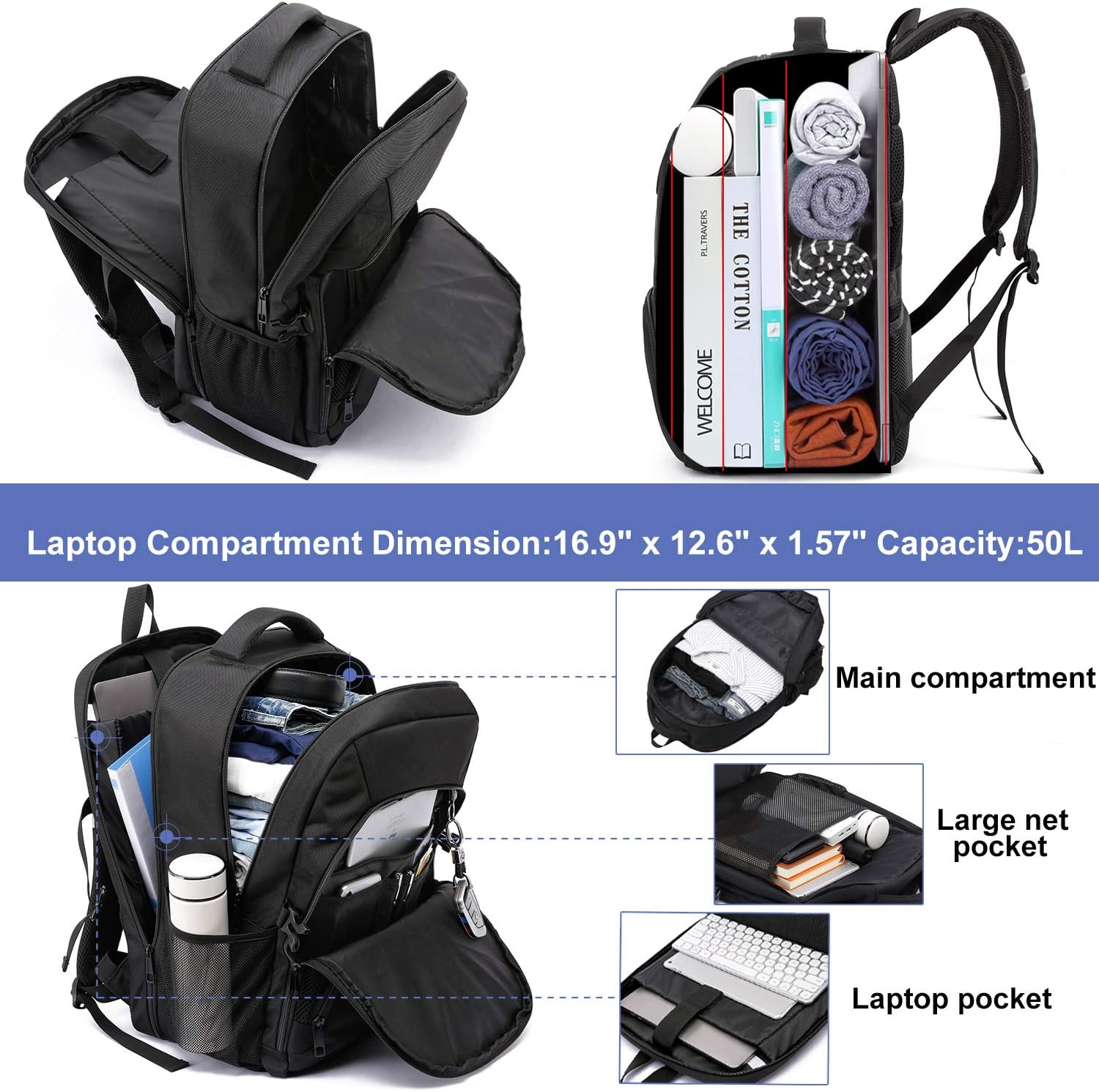 Extra Large 50L Laptop Backpack – 17" Water-Resistant USB Travel Rucksack Black