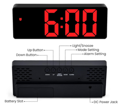 Digital LED Alarm Clock with Snooze, Temperature & Adjustable Brightness (Red)
