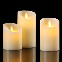 Set of 3 Flameless Wax Pillar Candles - Battery Operated with Flickering Moving Wick, Remote Control