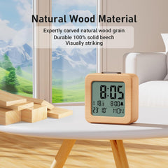Wooden Digital Alarm Clock – Battery Powered, LCD Backlit, Temperature, Date, Snooze, 12/24H