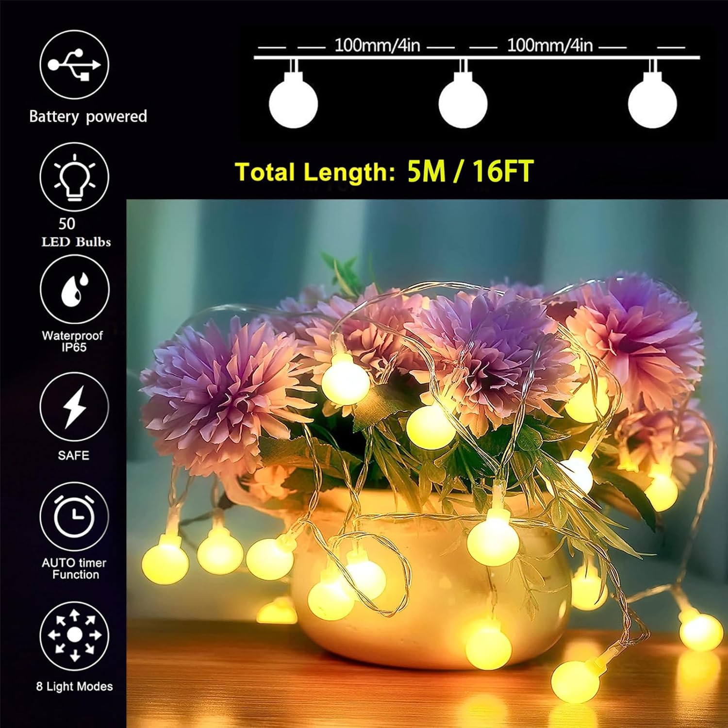 Battery Fairy Lights with 8 Modes – 16ft 50 LEDs Warm White Waterproof Lights