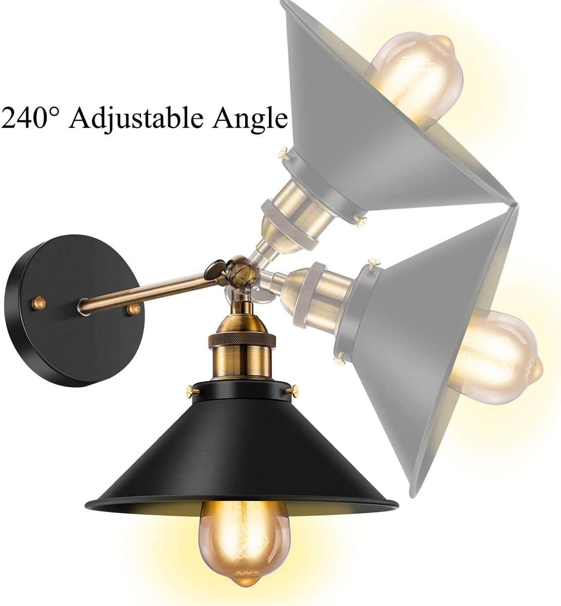 Vintage Black Industrial Wall Sconce, 240° Adjustable, 2 Pack