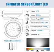12W LED Ceiling Light with Infrared Motion Sensor, 960LM, IP65 Waterproof, Round Surface Mount, 6500K Daylight