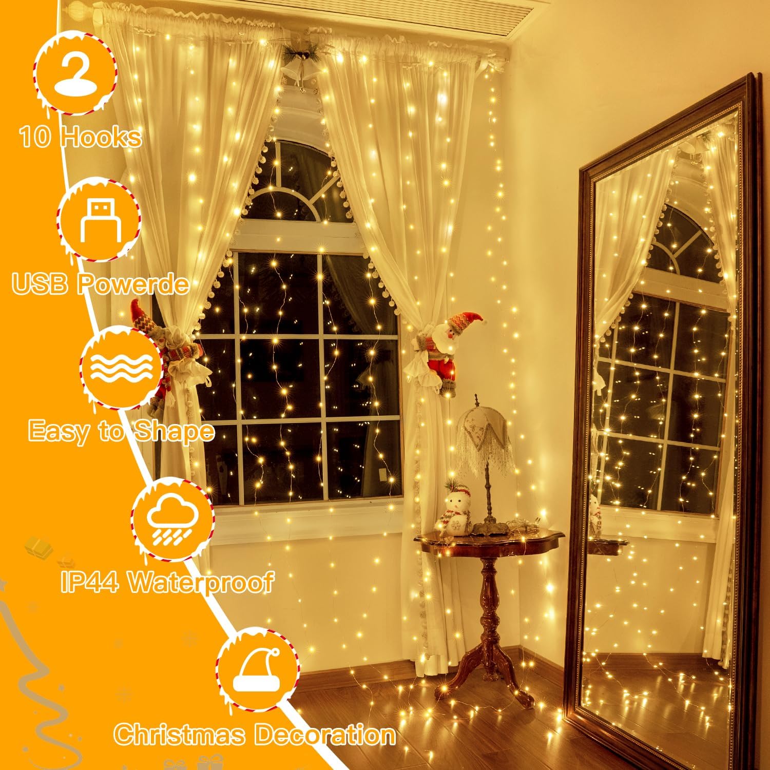 300 LED Curtain Fairy Lights Warm White for Indoor Outdoor