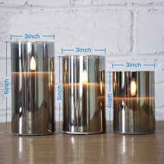 Silver Grey Glass Flameless Flickering Candles with Remote, 3 Pack Realistic LED Fake Candles