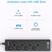 4-Way Extension Lead with 4 USB Ports (2 USB-C), 1.8M Cable & Individual Switches