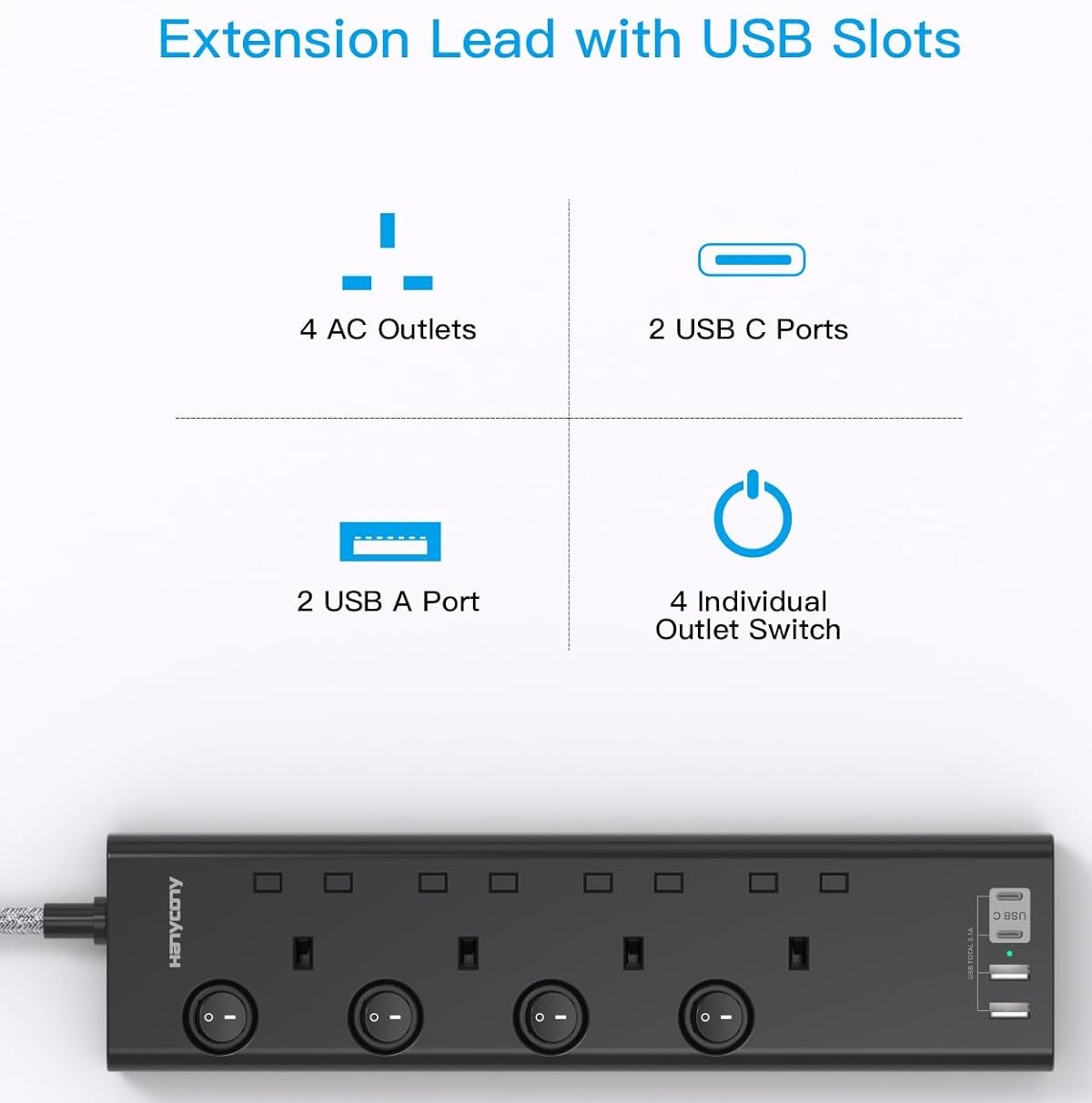 Direct Extension 4-Way Extension Lead with 4 USB Ports (2 USB-C), 1.8M Cable & Individu ...