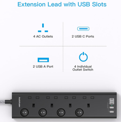 4-Way Extension Lead with 4 USB Ports (2 USB-C), 1.8M Cable & Individual Switches