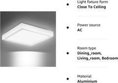 Modern Square 24W LED Ceiling Lights, Equivalent to 150W Bulbs, Φ30*H3.6cm, 2000LM, AC220-240V, Daylight White 6000K