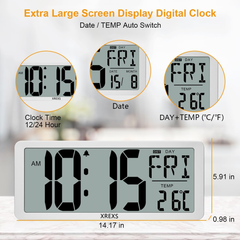 Extra Large LCD Digital Wall Clock with Date, Temperature & Easy Read Display