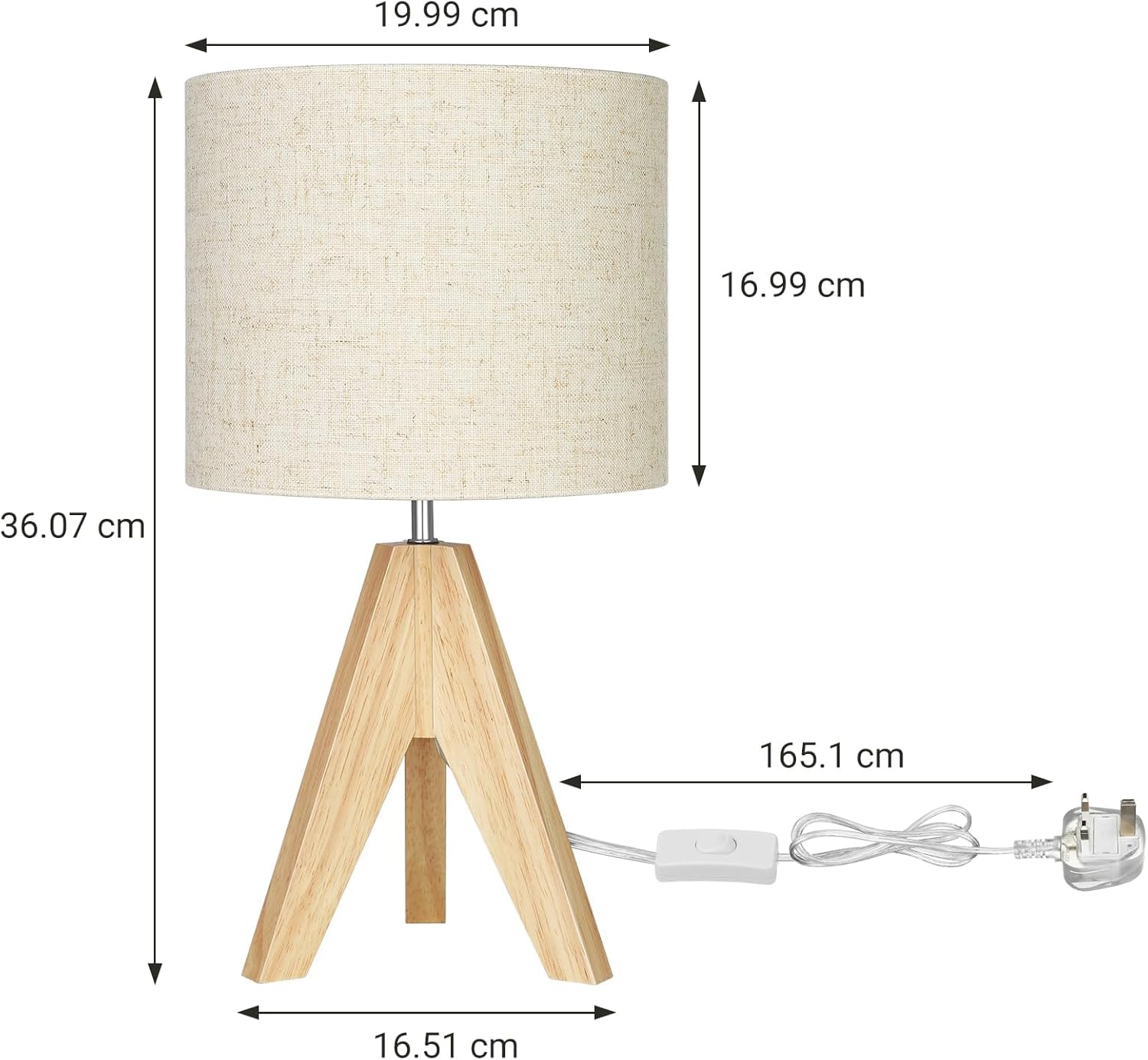 Set of 2 Wooden Bedside Table Lamps – Tripod Desk Lamps with Linen Shades, E27