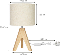 Set of 2 Wooden Bedside Table Lamps – Tripod Desk Lamps with Linen Shades, E27