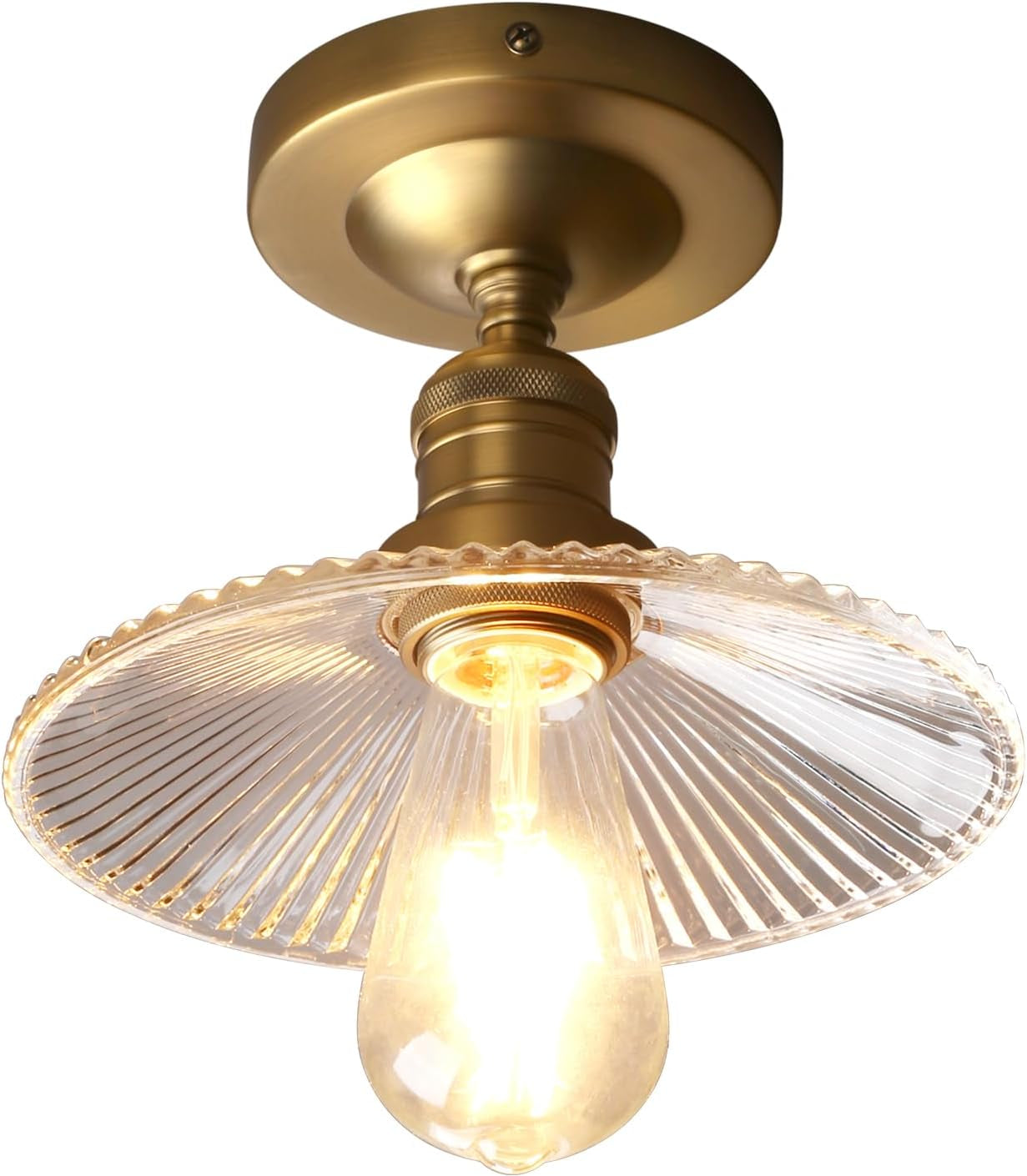 Vintage Ribbed Glass Pendant Ceiling Light, Cone Shade, E27 Base