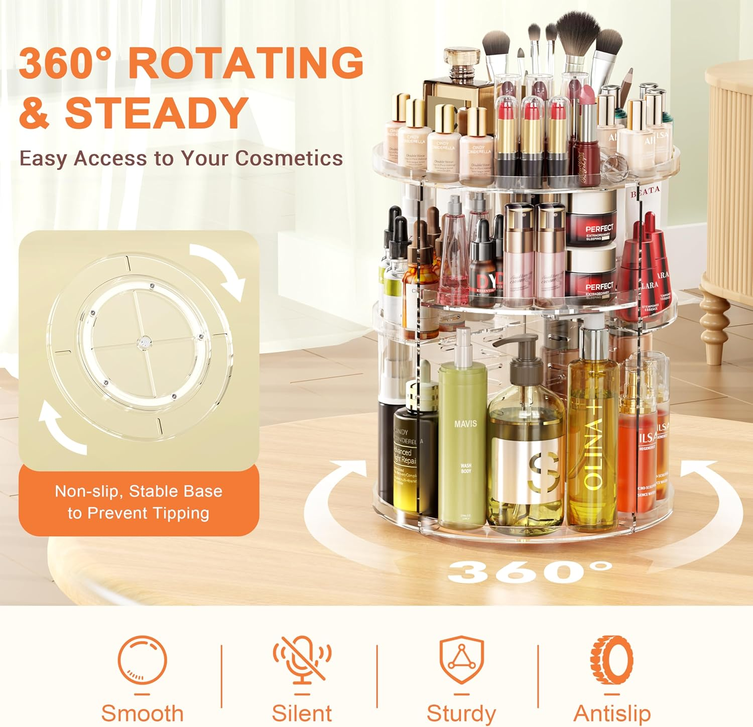 9-Tier Rotating Makeup Organizer, 360° Adjustable Large Capacity Cosmetic Stand
