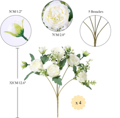 Floweroyal 4 Bunches Artificial White Peony Flowers – Silk Bouquets for Home & Wedding Décor