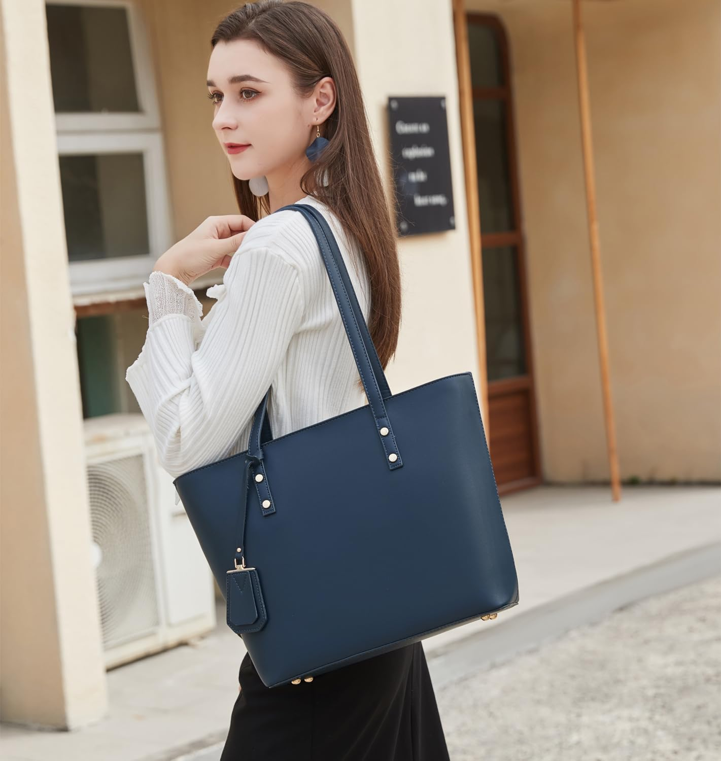 Women’s Large Faux Leather Tote Bag – Soft Handbag for Work & School, Blue