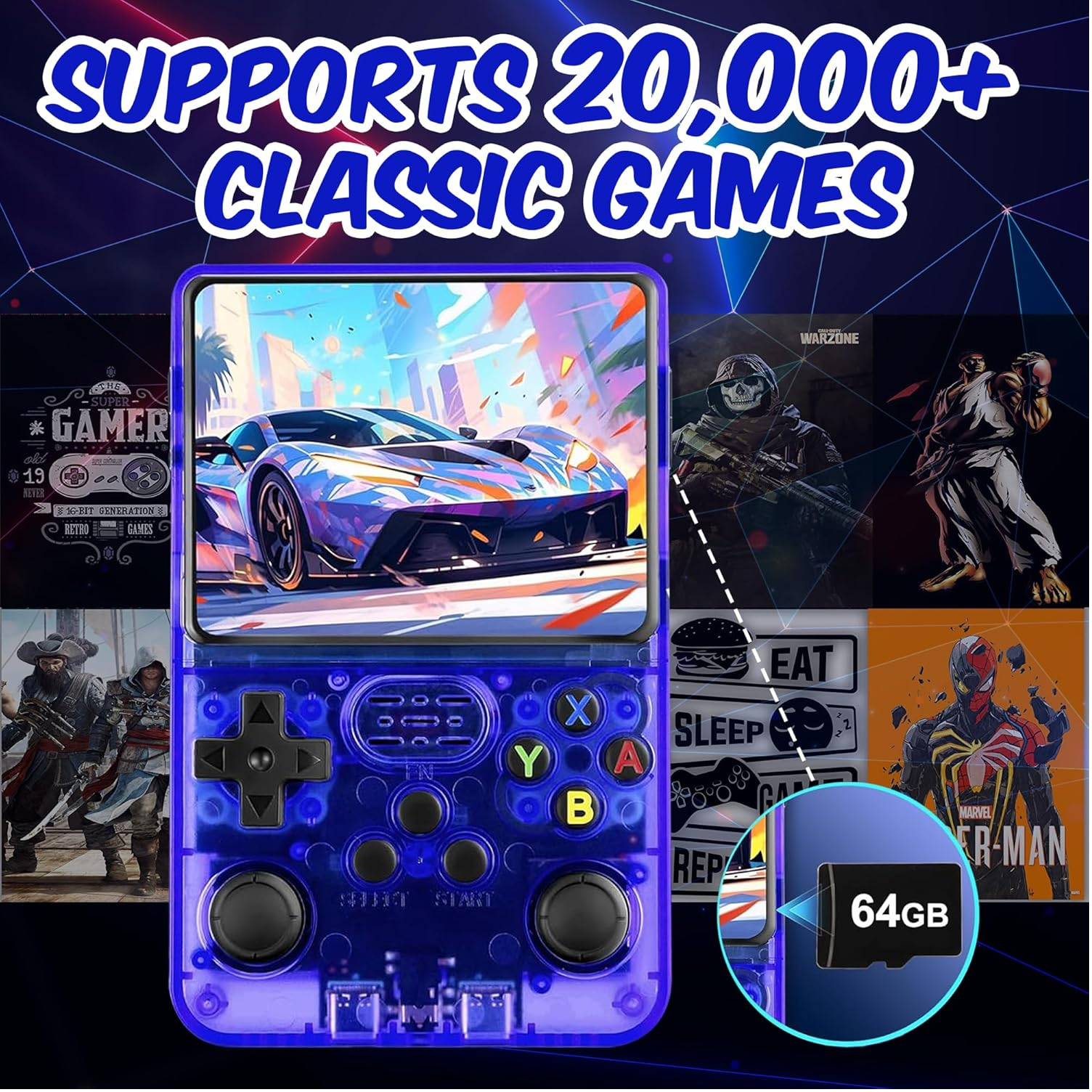 Retro Handheld Game Console 64GB 20,000+ Games, 3.5" IPS Screen, Blue