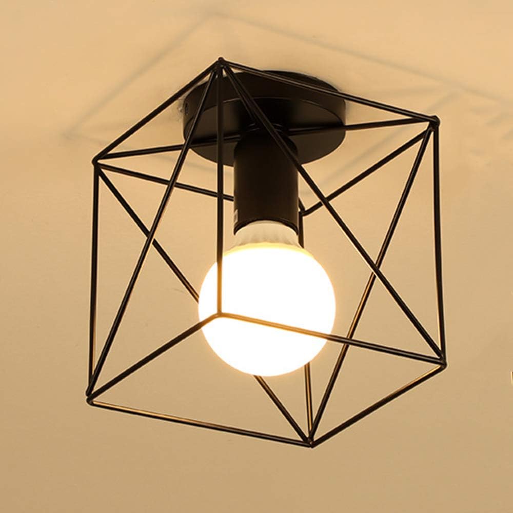 Vintage Semi Flush Ceiling Light – Black Metal Cage Fixture with E27 Holder for Living Room, Kitchen, Bedroom, or Hallway