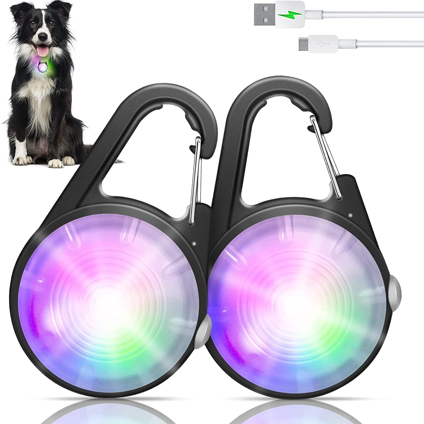 2 Pack LED Dog Collar Lights – Rechargeable Clip-On Pet Safety Lights with RGB Modes, Waterproof & Lightweight for Night Walking