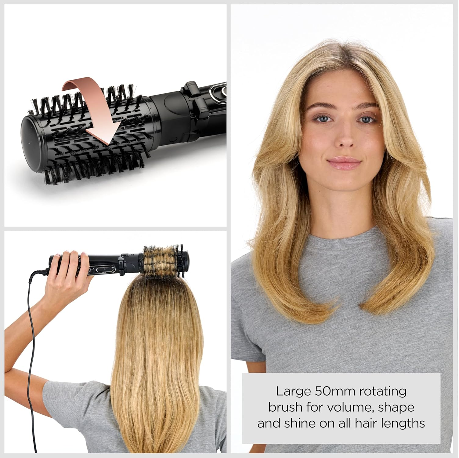 Big Hair Rotating Dryer Brush – 2 Speeds, Ionic Frizz Control, 50mm Barrel (Black)