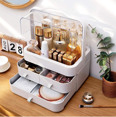 White Makeup Organizer Box with Lid & Drawers for Vanity, Skincare & Cosmetics