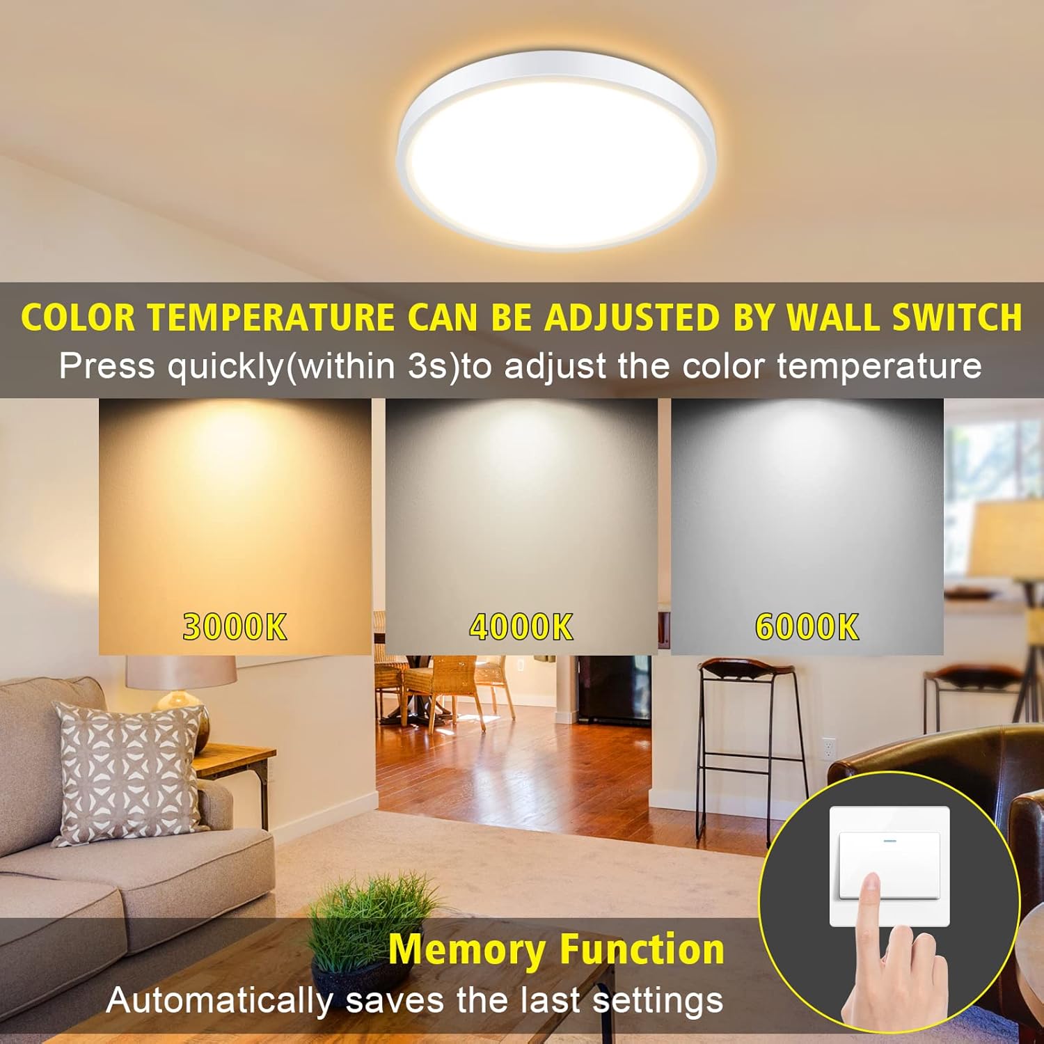 24W Dimmable LED Ceiling Light – 2200LM Round Flush Mount, 3000K–6000K CCT, IP54 Waterproof Ceiling Light for Bathroom, Kitchen, Bedroom, Living Room & Hallway