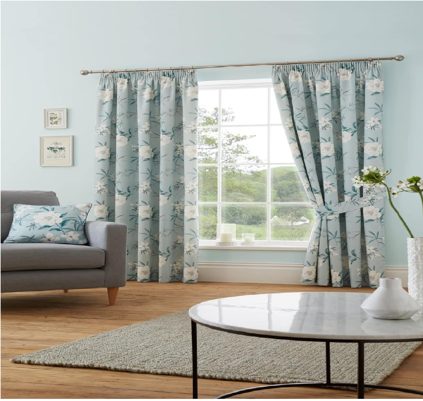 Duck Egg Floral Cotton Curtains 46x72" – Pencil Pleat Vintage Drapes with Tiebacks