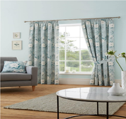 Duck Egg Floral Cotton Curtains 46x72" – Pencil Pleat Vintage Drapes with Tiebacks
