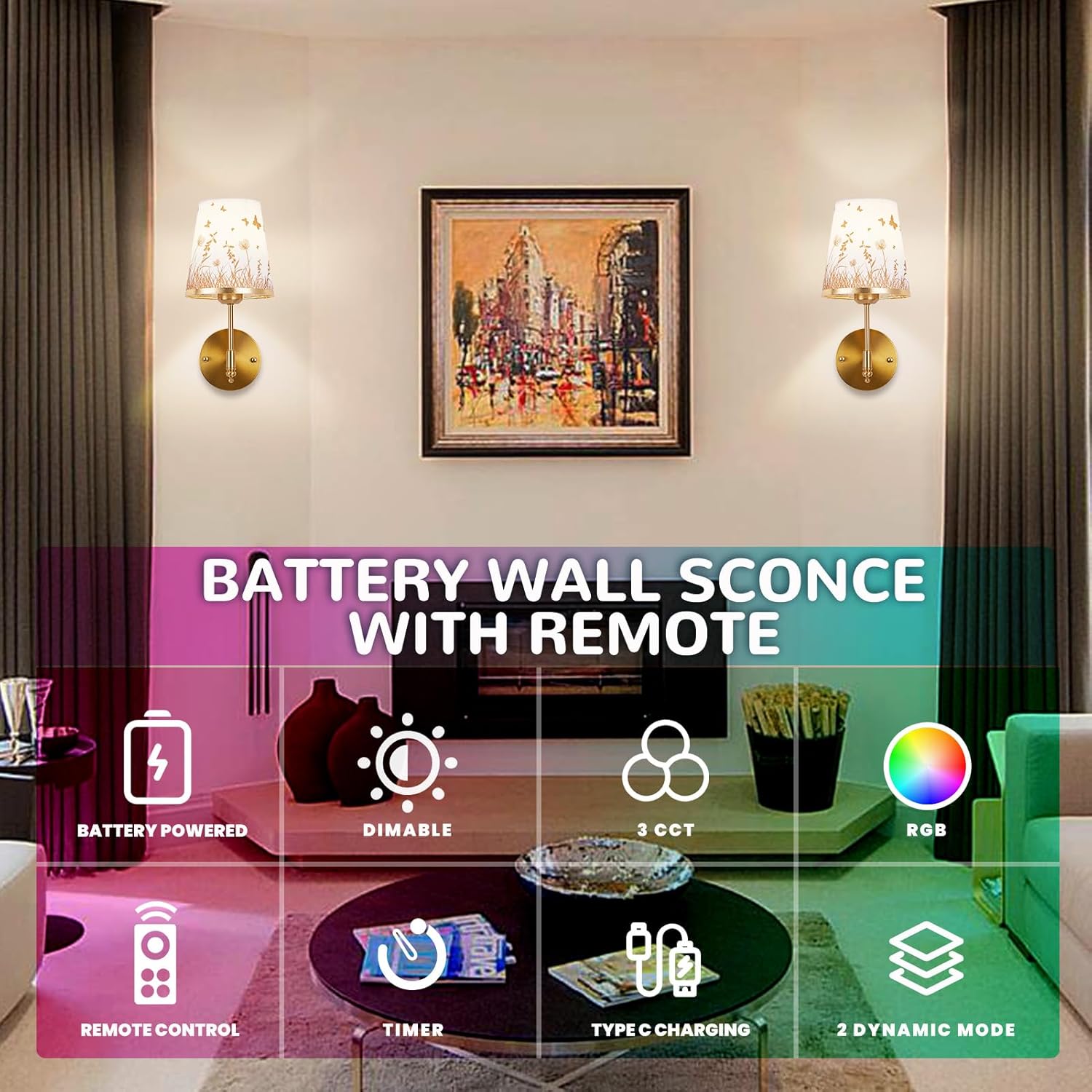 Gold Battery Wall Sconces Set – Floral Shade, RGB Light