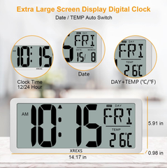 Extra Large LCD Digital Wall Clock with Time, Date & Temperature Display (Battery)
