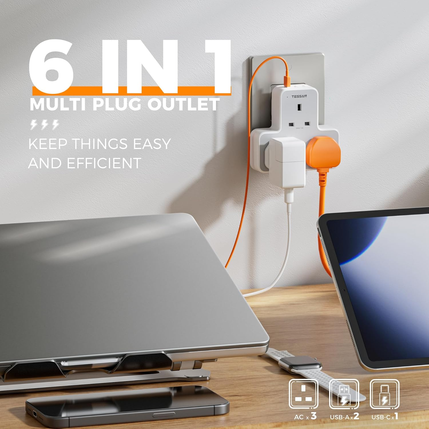 3-Way Extension Plug Socket with USB Ports, Multi Plug Power Strip for Home & Office