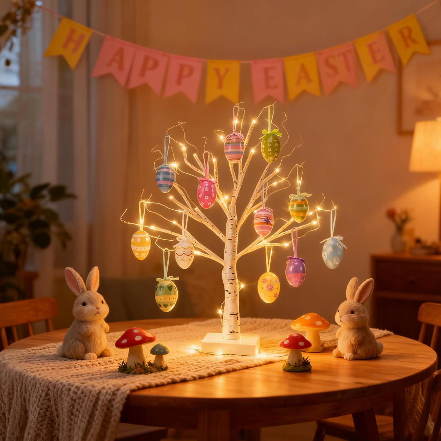 Easter Tree with Lights White Birch Twig Egg Decor Lamp Home