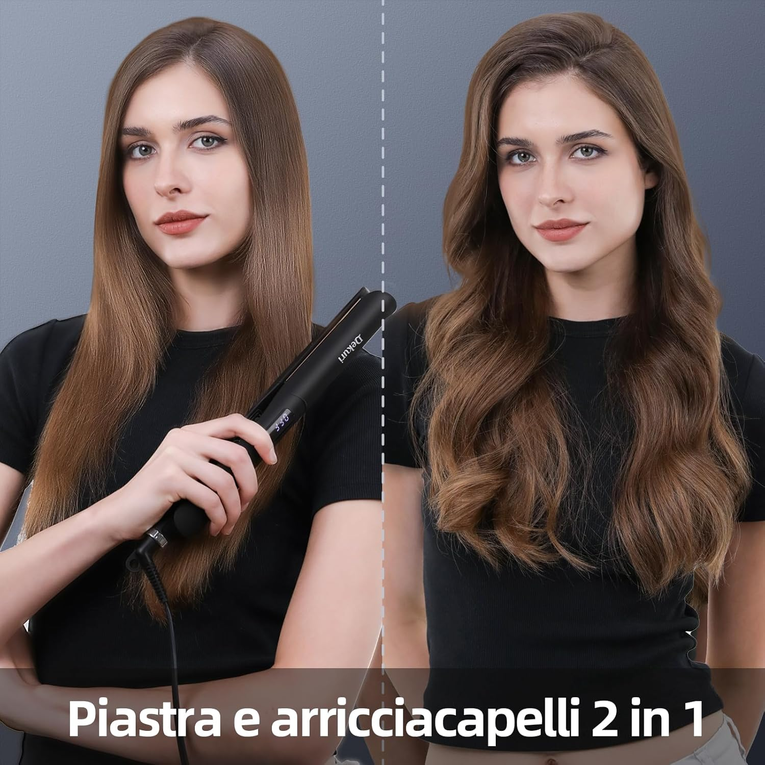 2-in-1 Hair Straightener & Curler – Titanium Plates, Fast Heat, LCD Display, Ionic Flat Iron (Black)