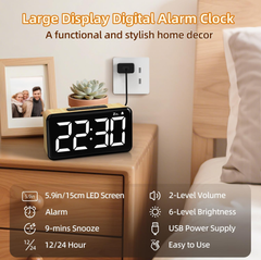 Digital LED Alarm Clock with Large Display, Snooze, 2 Volumes & 5 Brightness