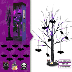2FT Black Halloween Tree with Bats & Purple Lights