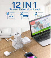 8-Way Tower Extension Lead with 4 USB Ports (2 USB-C), 1.8M Cable, 3250W Power Strip