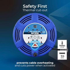 4 Socket 15M Extension Lead Cable Reel with Thermal Cut-Out, 10A Blue/Black