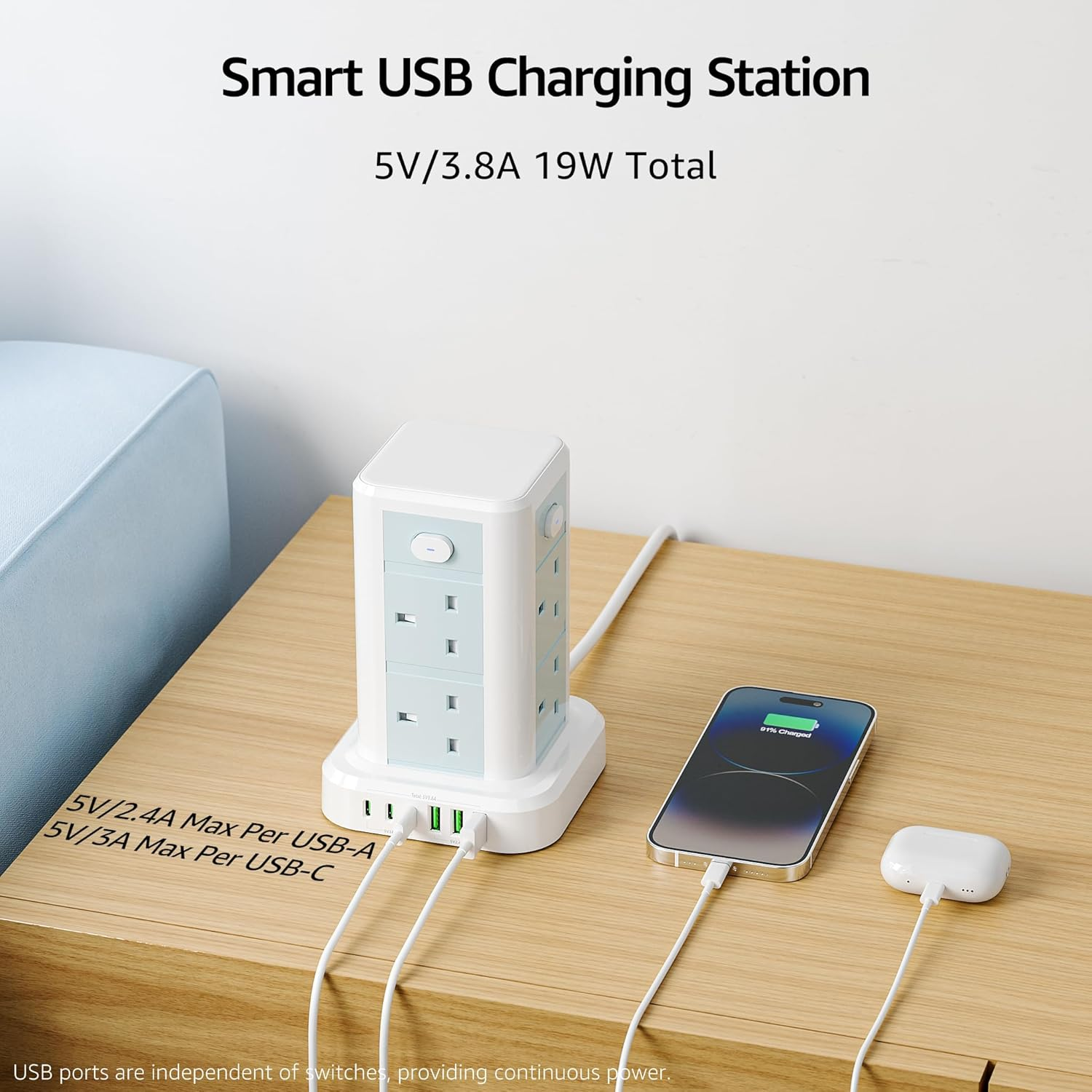 8-Way Tower Extension Lead with 6 USB Ports, 13A 3250W Multi Plug Power Strip