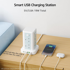 8-Way Tower Extension Lead with 6 USB Ports, 13A 3250W Multi Plug Power Strip