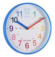 Kids Teaching Wall Clock, Blue Quartz Clock with Rainbow Dial & Quarter Markers