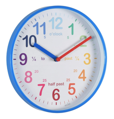Kids Teaching Wall Clock, Blue Quartz Clock with Rainbow Dial & Quarter Markers