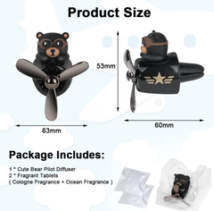Bear Pilot Retro Airplane Car Air Freshener – Rotating Propeller Vent Clip with Fragrance Tablets (Black)
