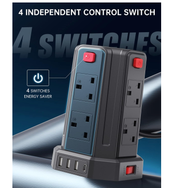 8-Way Tower Extension Lead with 4 USB Ports, 13A 3250W Power Strip, 2M Cable