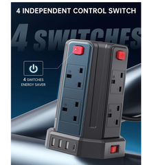 8-Way Tower Extension Lead with 4 USB Ports, 13A 3250W Power Strip, 2M Cable