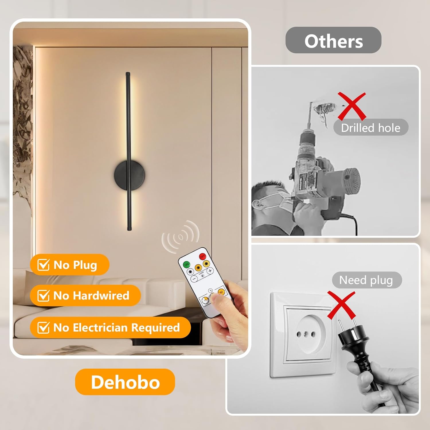 2 Pack Rechargeable Wall Sconce Lights with Remote, Dimmable