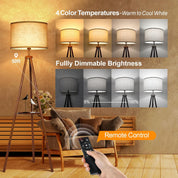 Solid Wood Tripod Floor Lamp with Remote & Shelf