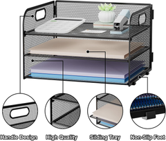 3-Tier Mesh Paper Tray Organiser with Handle – A4 File Holder, Black