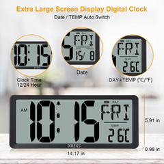 14-Inch Large LCD Digital Wall Clock with Date & Temperature Display (Battery)