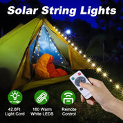 Solar Camping String Lights, 42Ft, 160 LED, USB Rechargeable